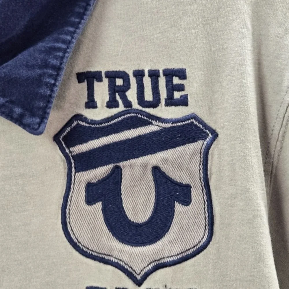 True‎ Religion Men Polo Shirt Large Beige Rugby Logo Embroidered Long Sleeve